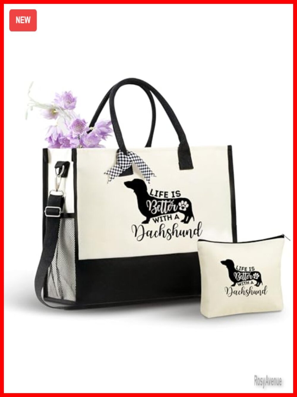 Dachshund Canvas Tote Bag with Zipper & Makeup Pouch Set